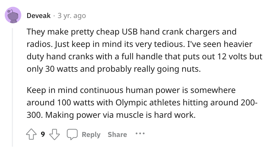 Reddit user weighs in on hand crank generators in prepping use cases